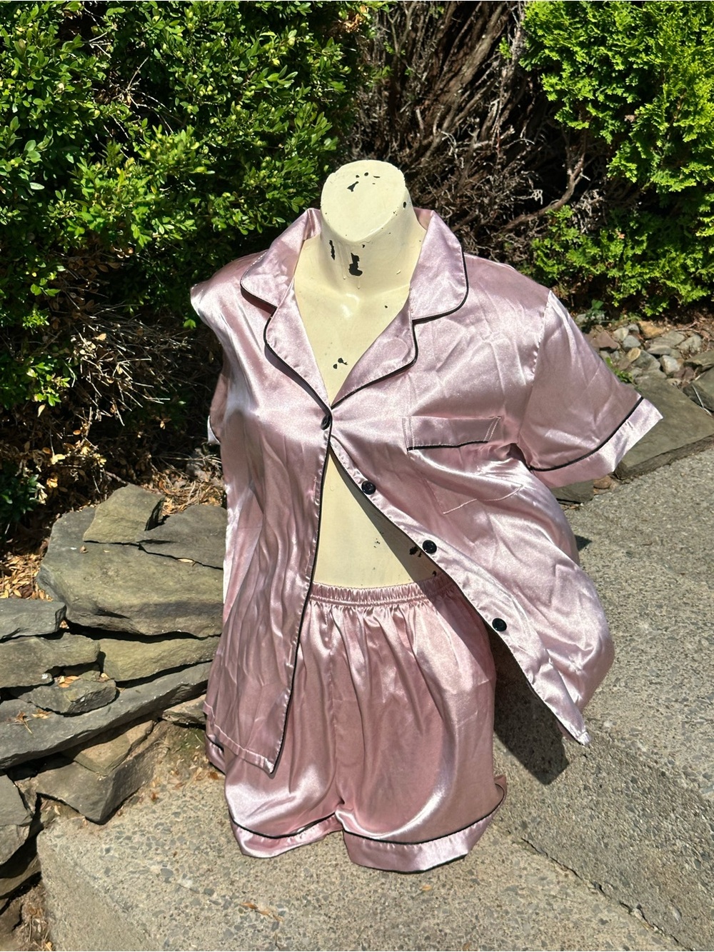 Pink Satin Pajama Set Button Up Short Sleeve Collared Top and Shorts